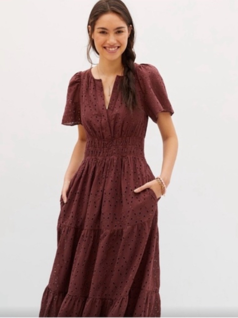 Anthropologie Maeve The Somerset Maxi Dress Eyelet Edition Tiered Smocked Waist